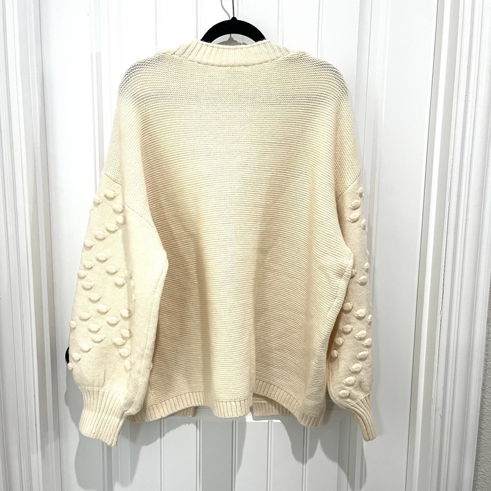 Umgee Ivory Open Front Cardigan Balloon Sleeves‎ Pom Pom's LRG NWT - Picture 2 of 7